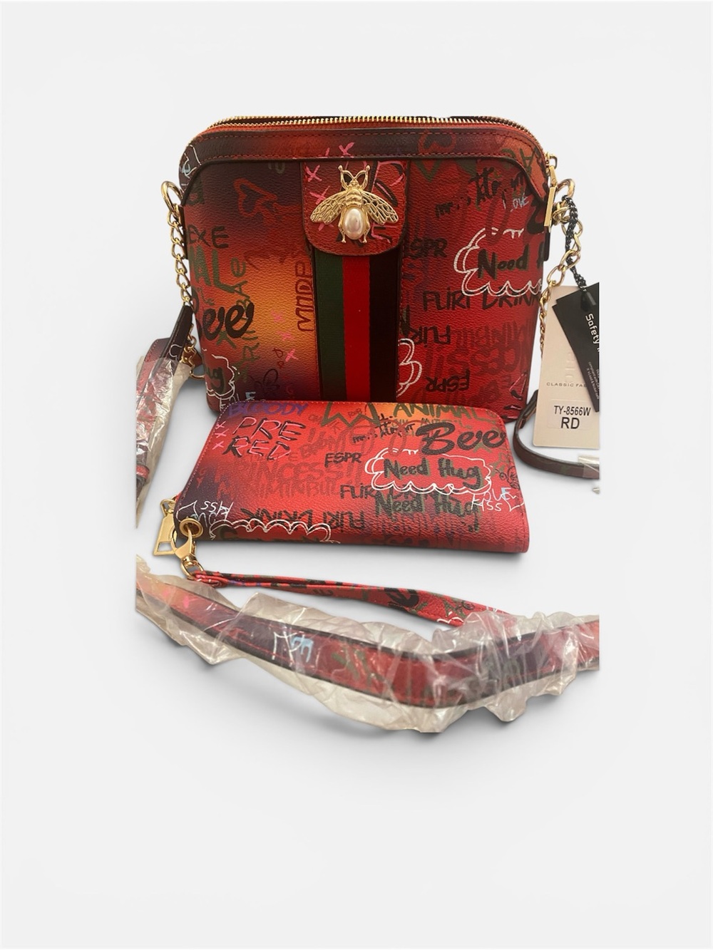 Red Graphic Crossbody Bag and wallet with Bee Accent - Unbranded